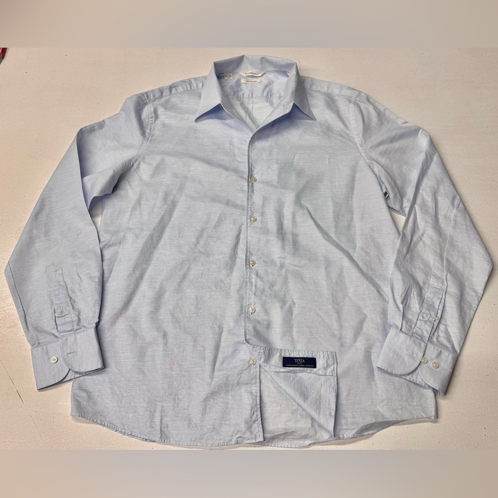 SUITSUPPLY Light Blue LinenCotton One Piece Collar Slim Fit Shirt 17 XL